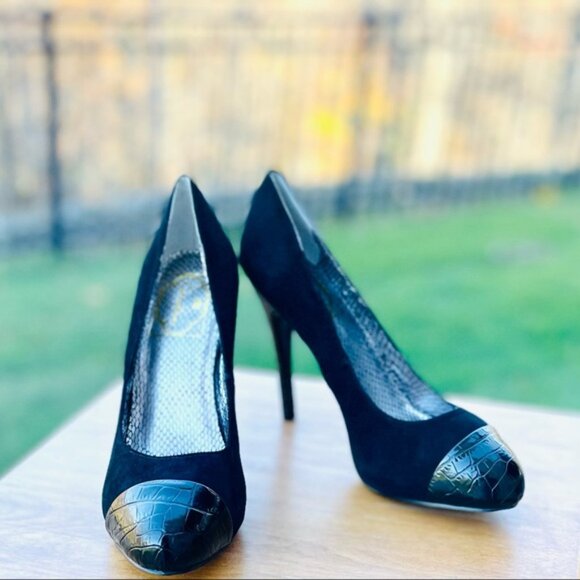 CURATIONS Black Suede Croc Embossed Cap Toe Stiletto Heels Size 8.5 - Picture 5 of 9